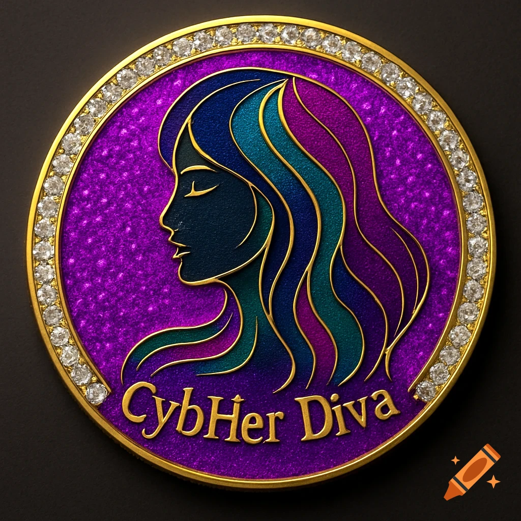 Gold and diamond crypto coin with a purple background and a stylized profile silhouette of a woman, text 'CybHer Diva' at the bottom.