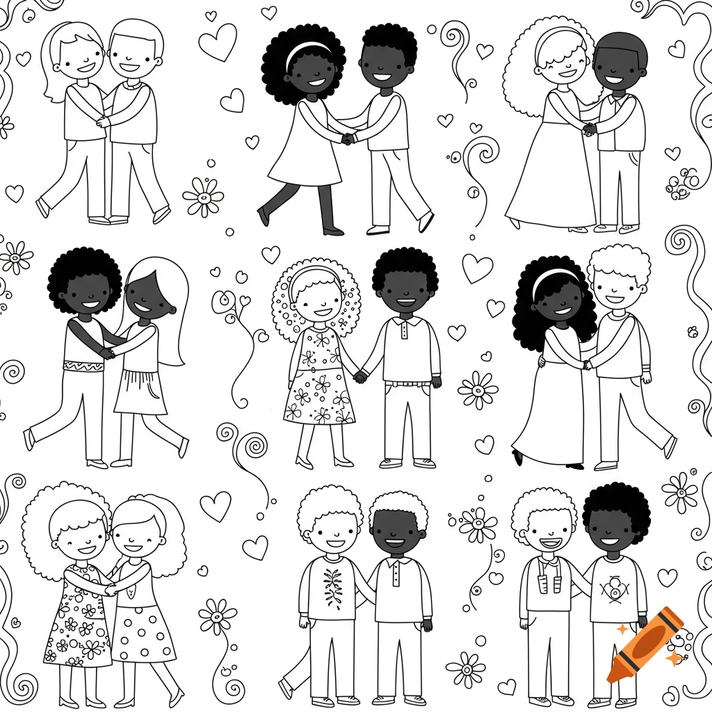 Black and white line art coloring page featuring multiple cartoon couples holding hands and dancing.
