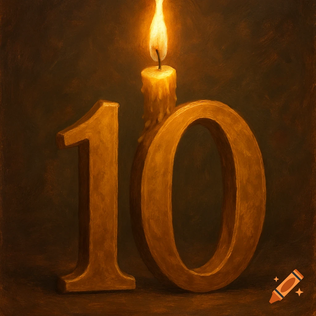 The number 10 with a lit candle dripping wax on top of the zero, in an oil painting style.