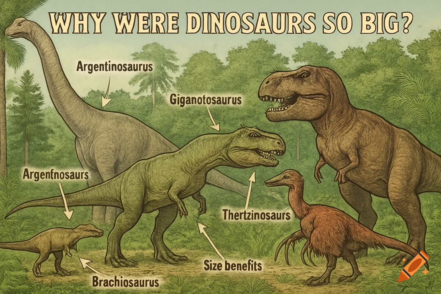 Illustrated diagram with title 'Why Were Dinosaurs So Big?' and labels pointing to different dinosaur species.