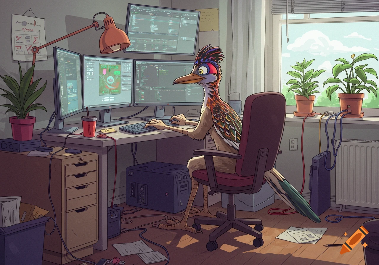 An anthropomorphic roadrunner uses multiple computer monitors in a room with plants.