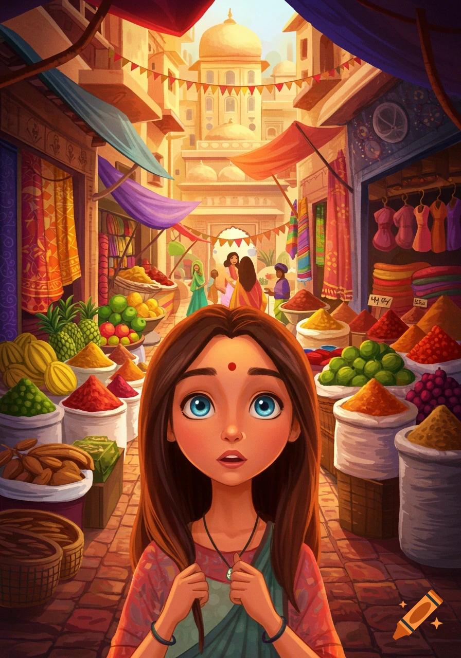 A young girl stands in a vibrant, colorful market filled with spices, fruits, and textiles.