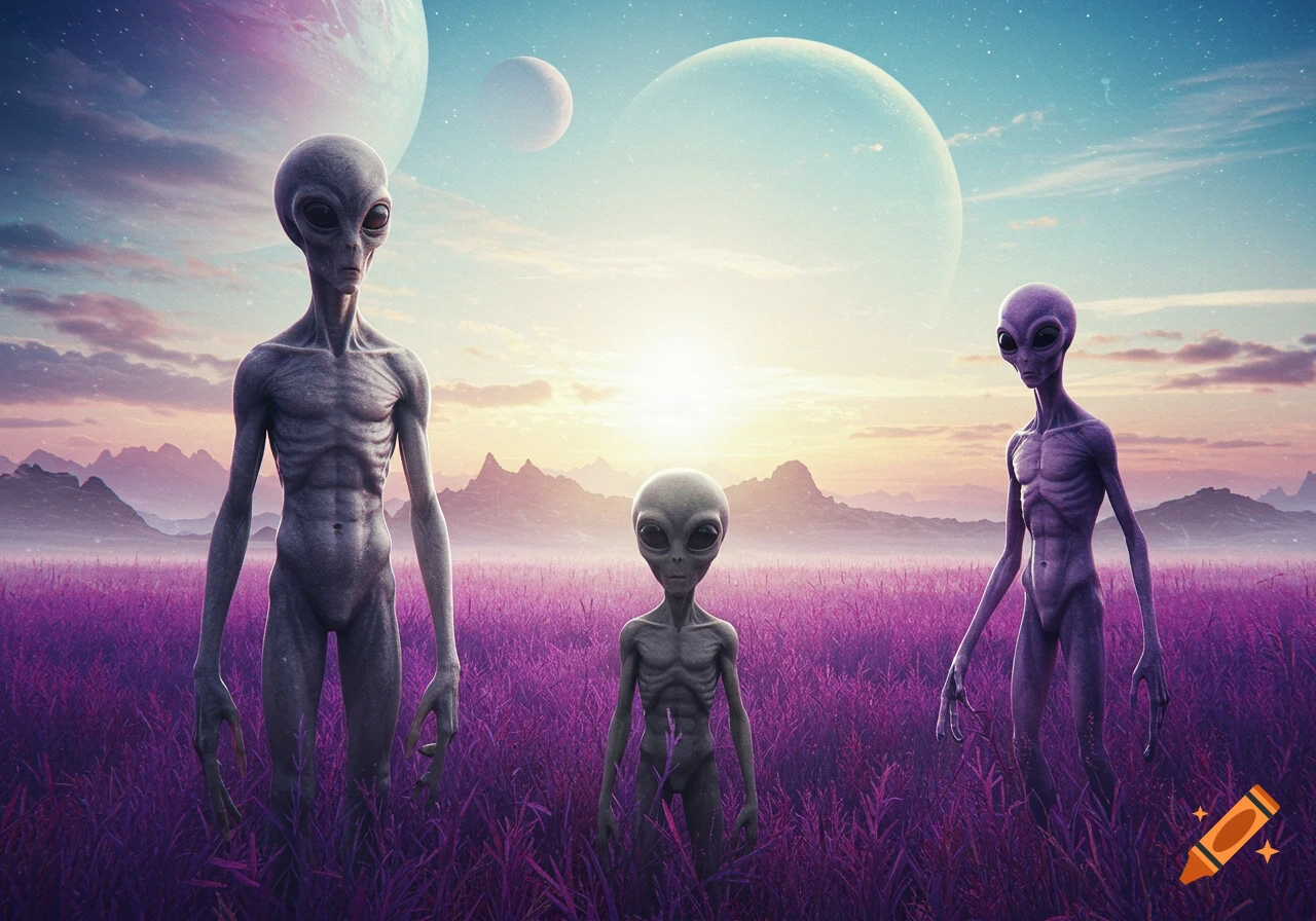 Three grey aliens standing in a purple field at sunset with planets in the sky
