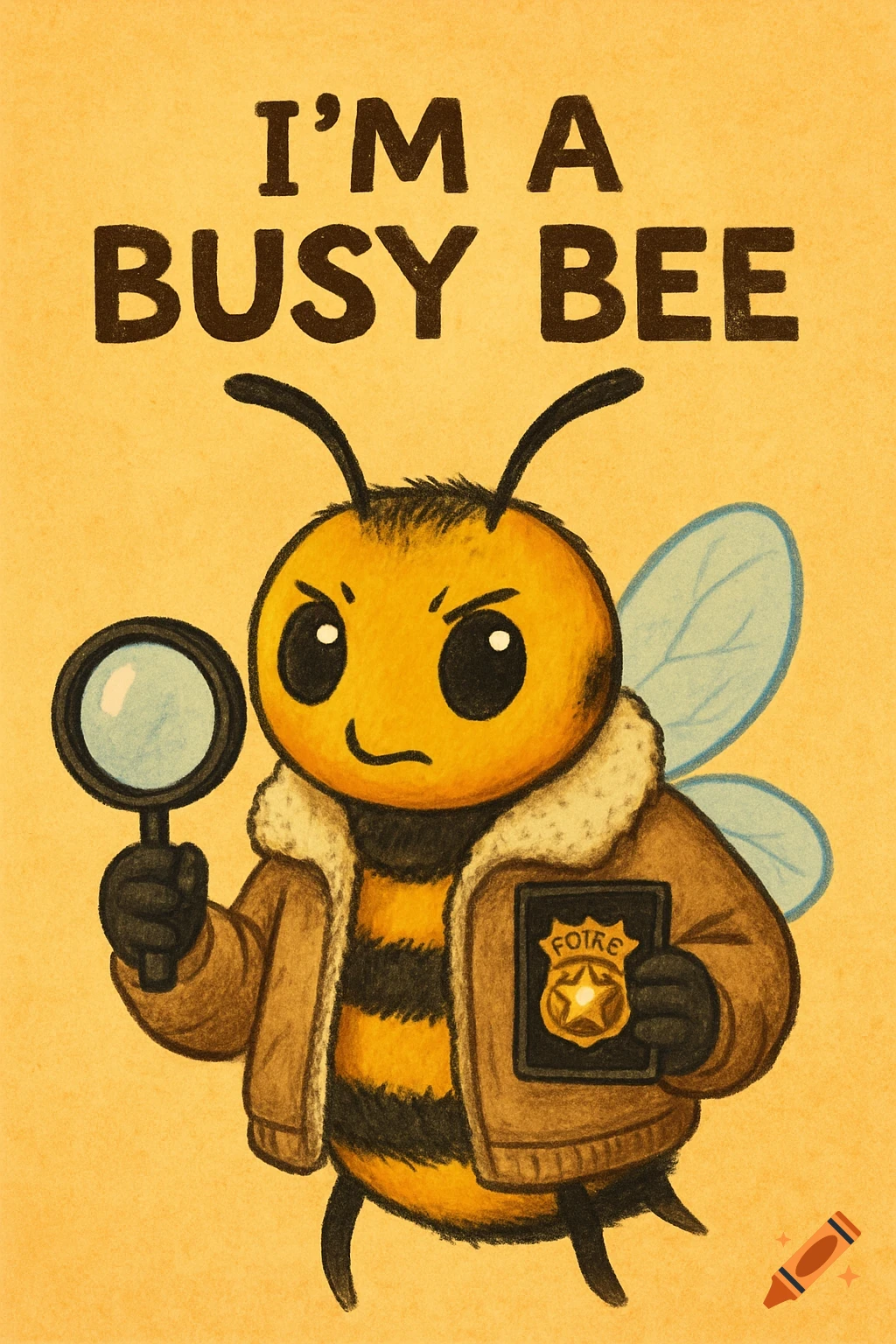 Cartoon bee detective with magnifying glass and badge, with text 'I'M A BUSY BEE'.