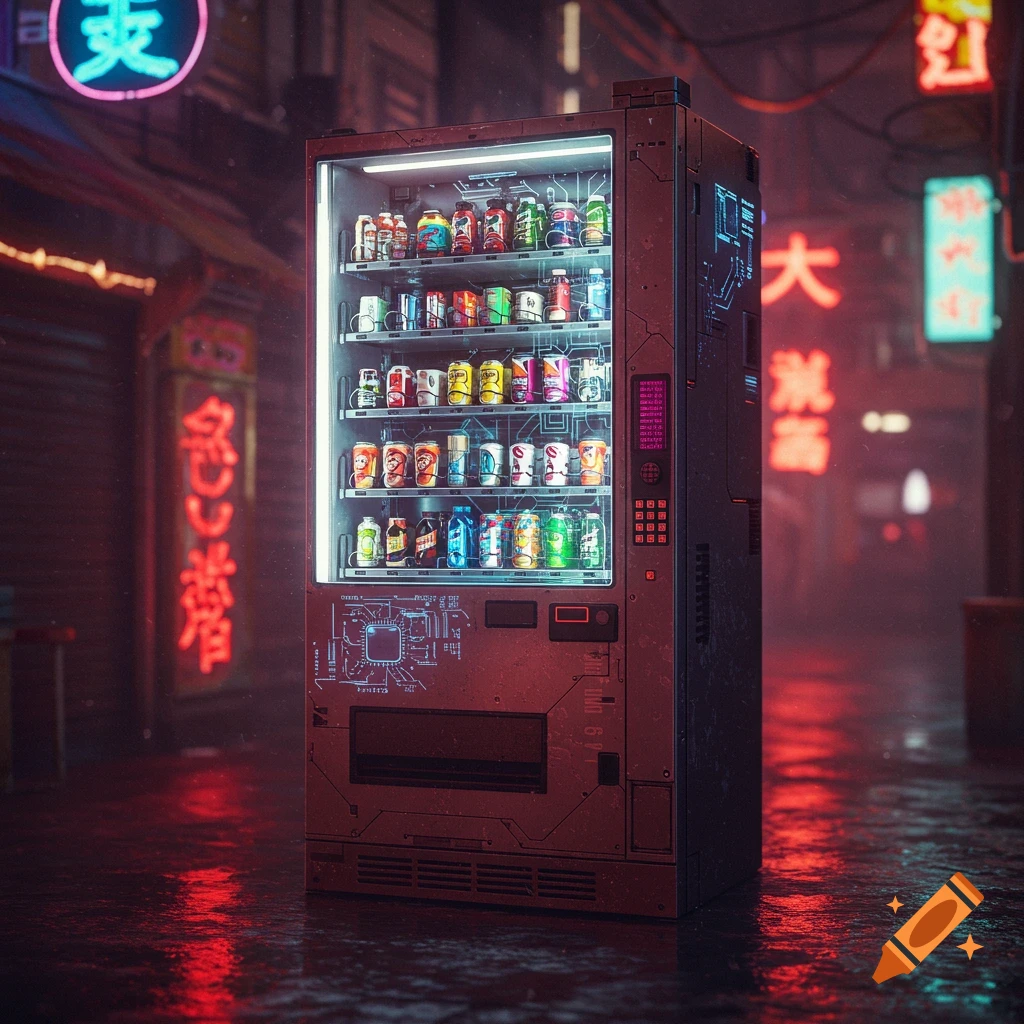 A futuristic vending machine stands on a wet, neon-lit street in a cyberpunk city at night. Reflections shimmer on the ground.