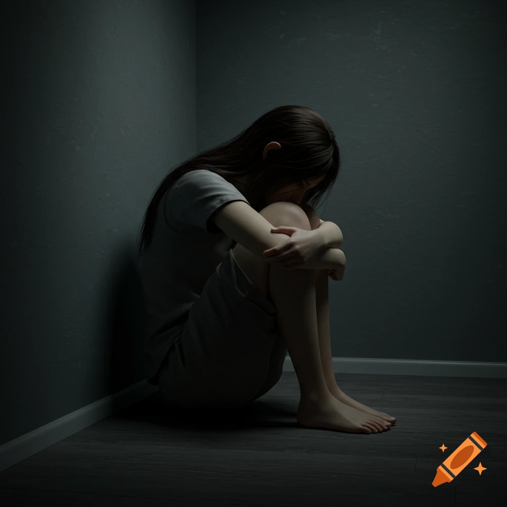 A person sits curled up in the corner of a dark room, facing away from the viewer.