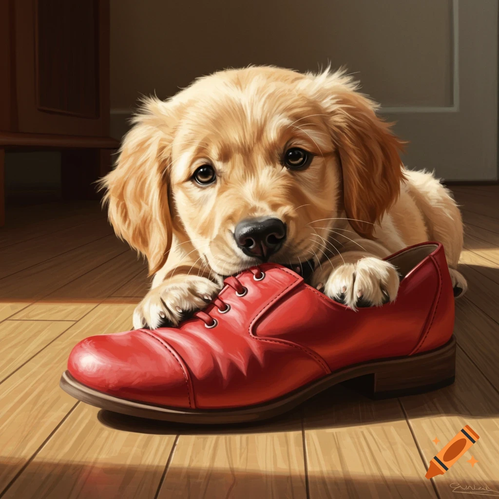 Golden retriever puppy chewing on a red shoe, painterly style