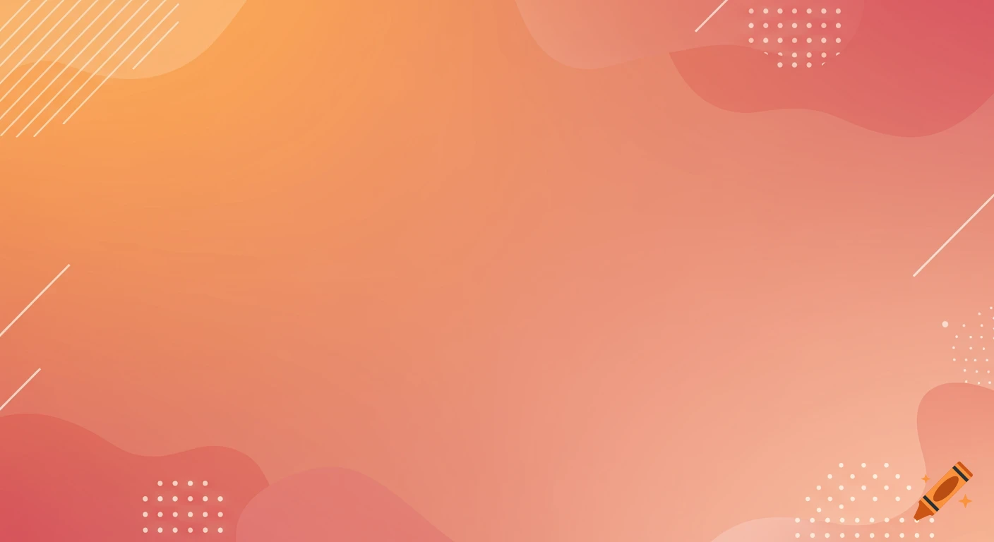 Abstract orange and pink gradient background with curved shapes, diagonal lines, and dots.