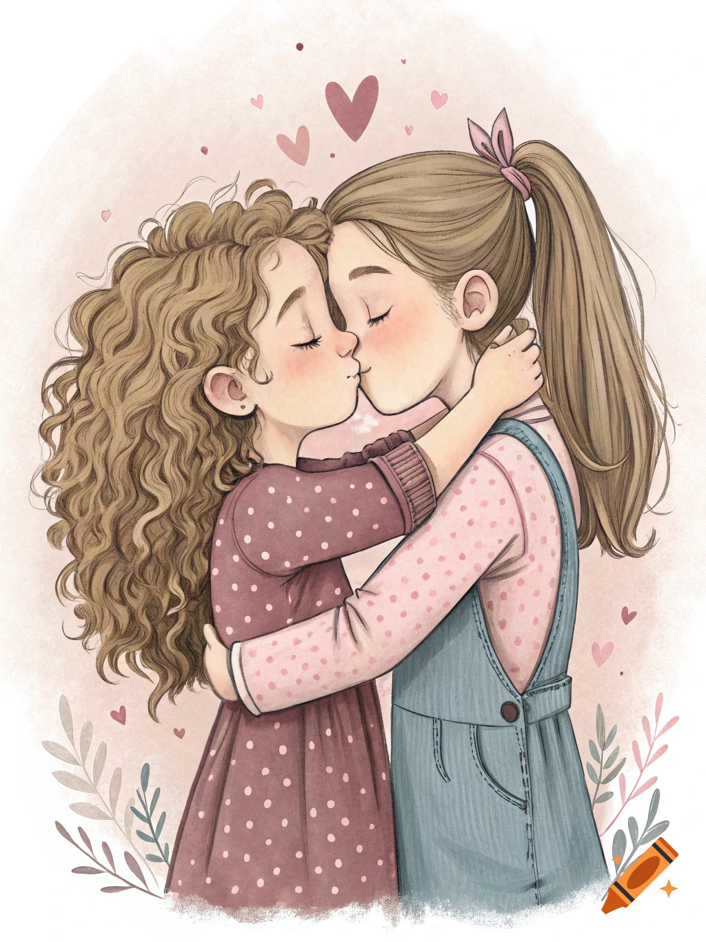 Watercolor illustration of two young girls kissing with hearts and leaves.