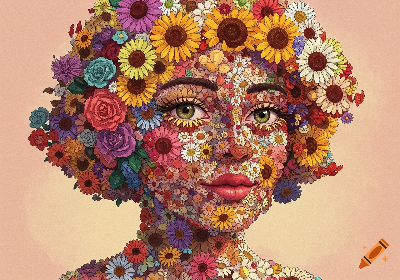 Stylized portrait of a person made of colorful flowers