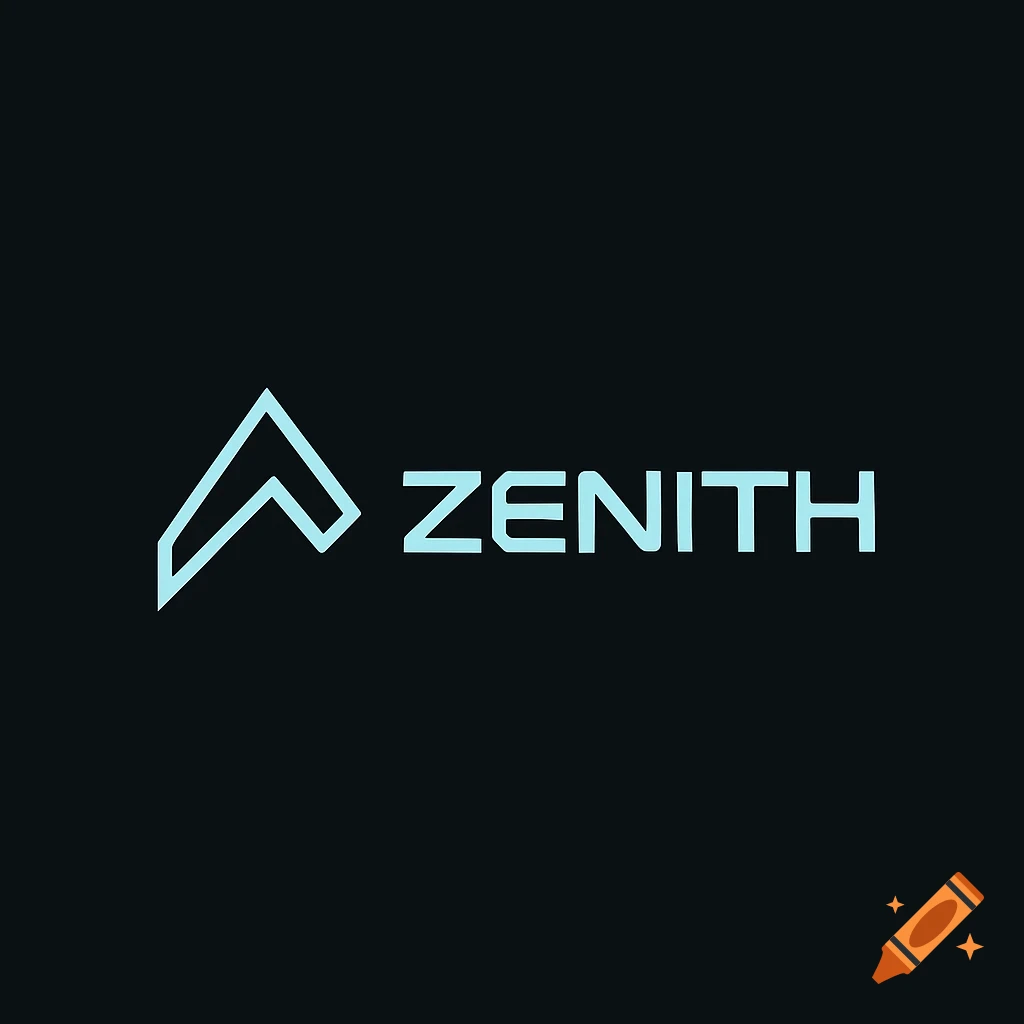 A minimalist tech logo features a light blue stylized upward arrow on the left and the word ZENITH in light blue on a black background.