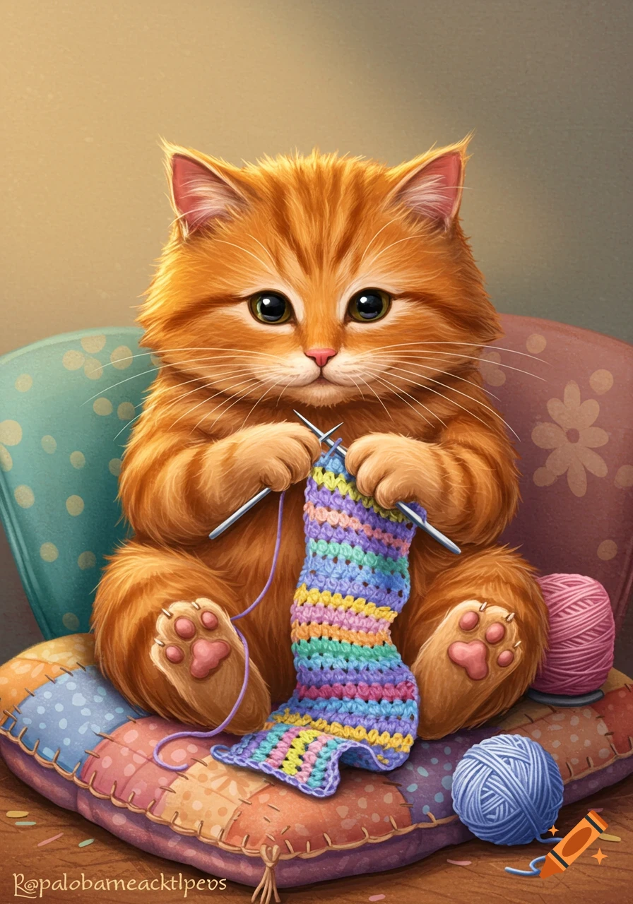 A fluffy orange kitten sits knitting a colorful striped scarf.