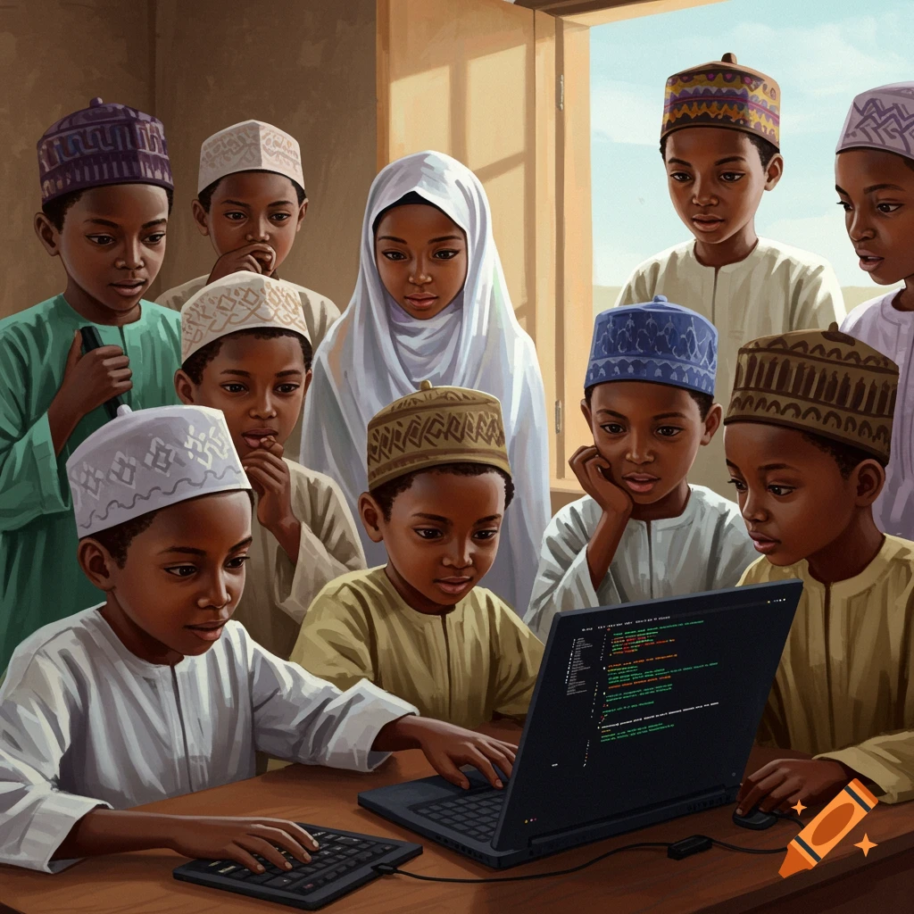 Children wearing traditional caps and headscarf gather around a laptop, looking at code on the screen.