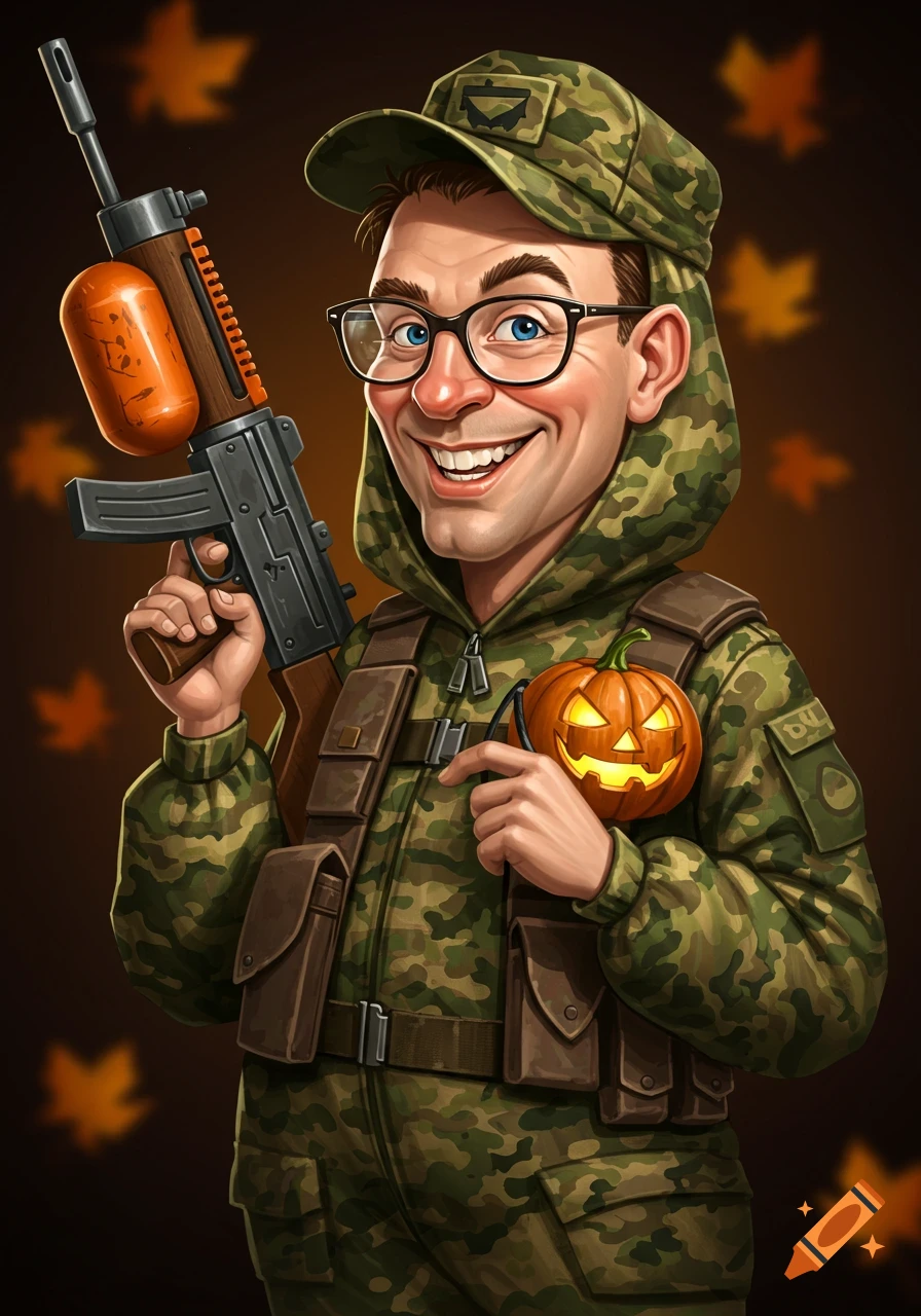 Cartoonish man in a camouflage costume holds a Halloween pumpkin and a toy gun.