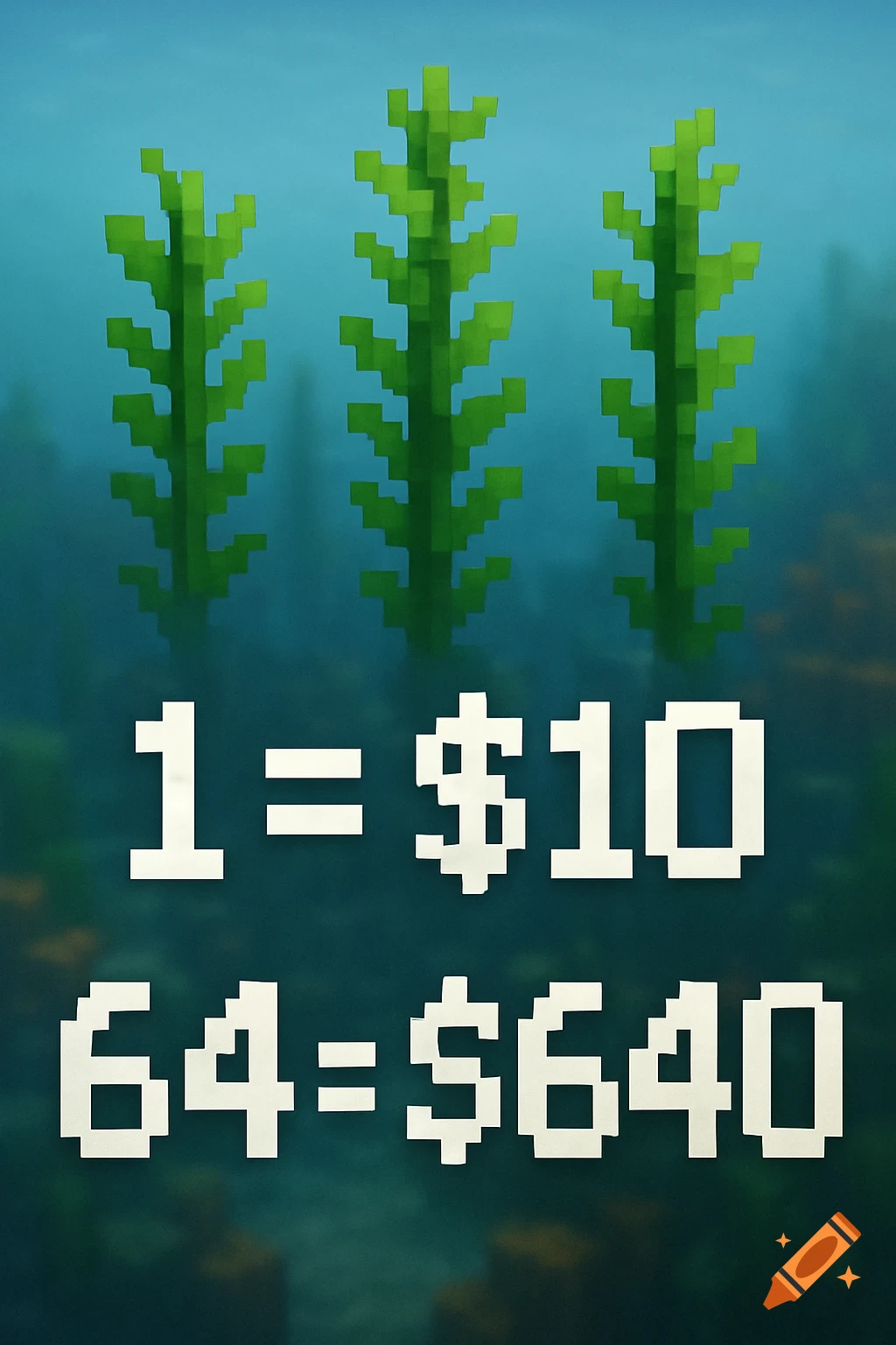 Minecraft-style pixel art showing three kelp plants above the text '1 = $10' and '64 = $640' in a blue underwater background.