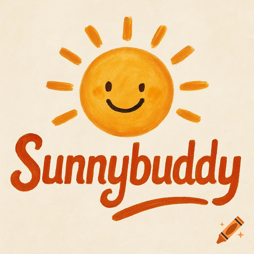 Crayon drawing of a smiling sun above the text 'Sunnybuddy'