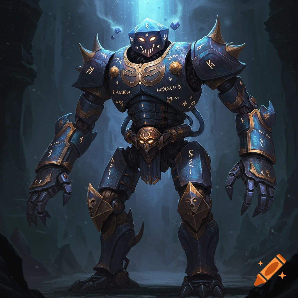 A large blue and gold fantasy robot covered in runes stands in a dark cave.