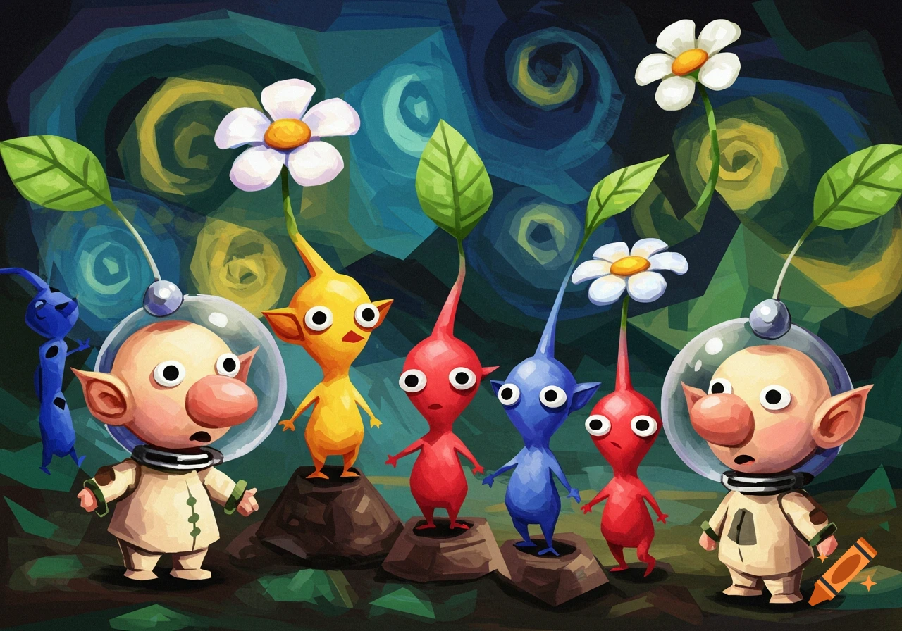 Stylized painting of Pikmin characters and astronauts