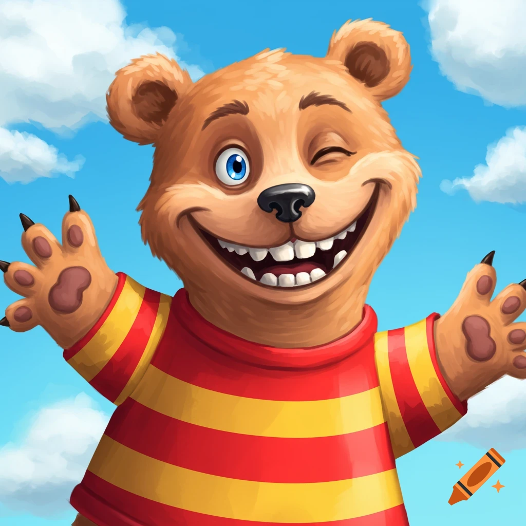Cartoon bear winking and smiling with arms open against a cloudy sky.