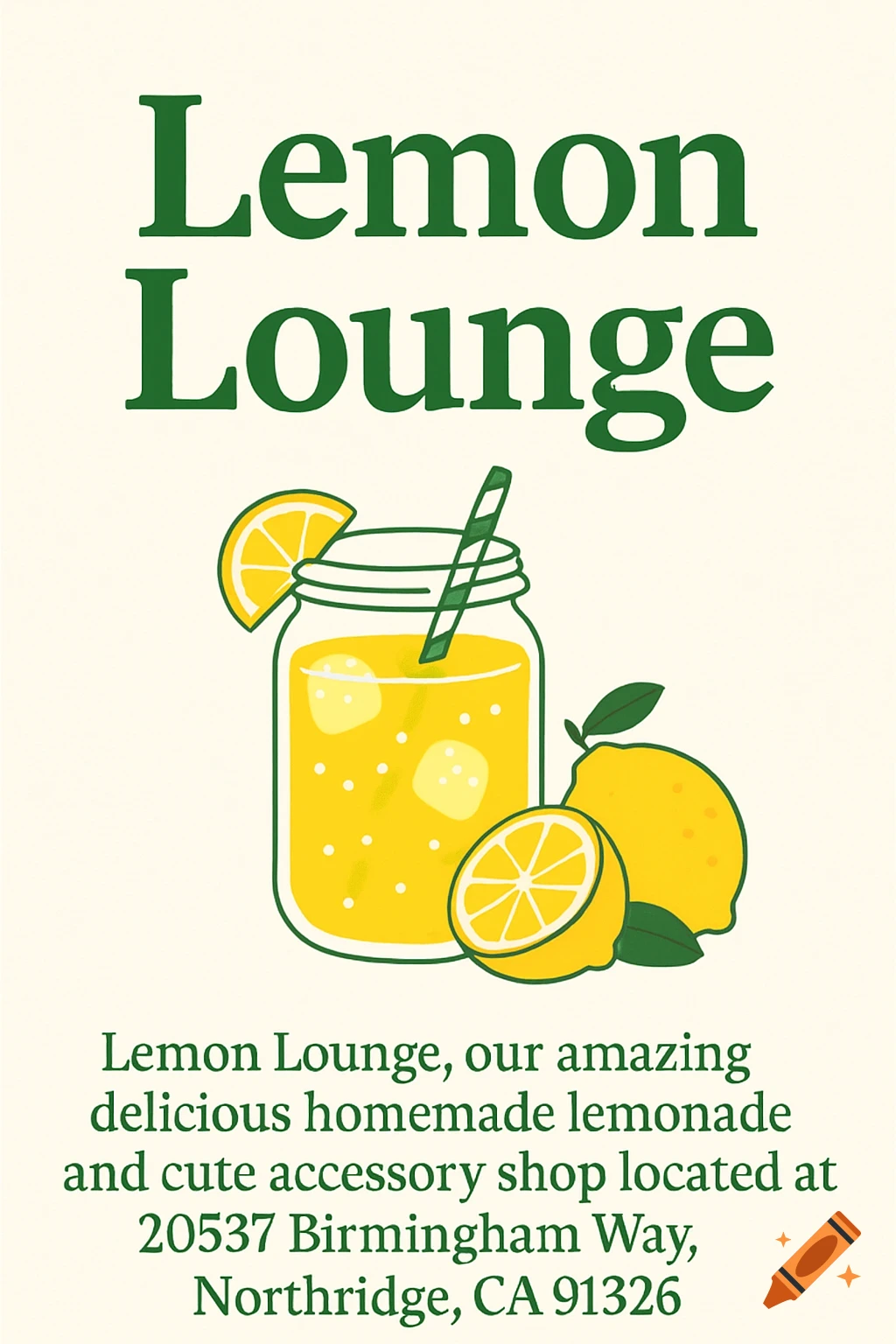 A flyer advertising Lemon Lounge with illustrations of a mason jar of lemonade and lemons.