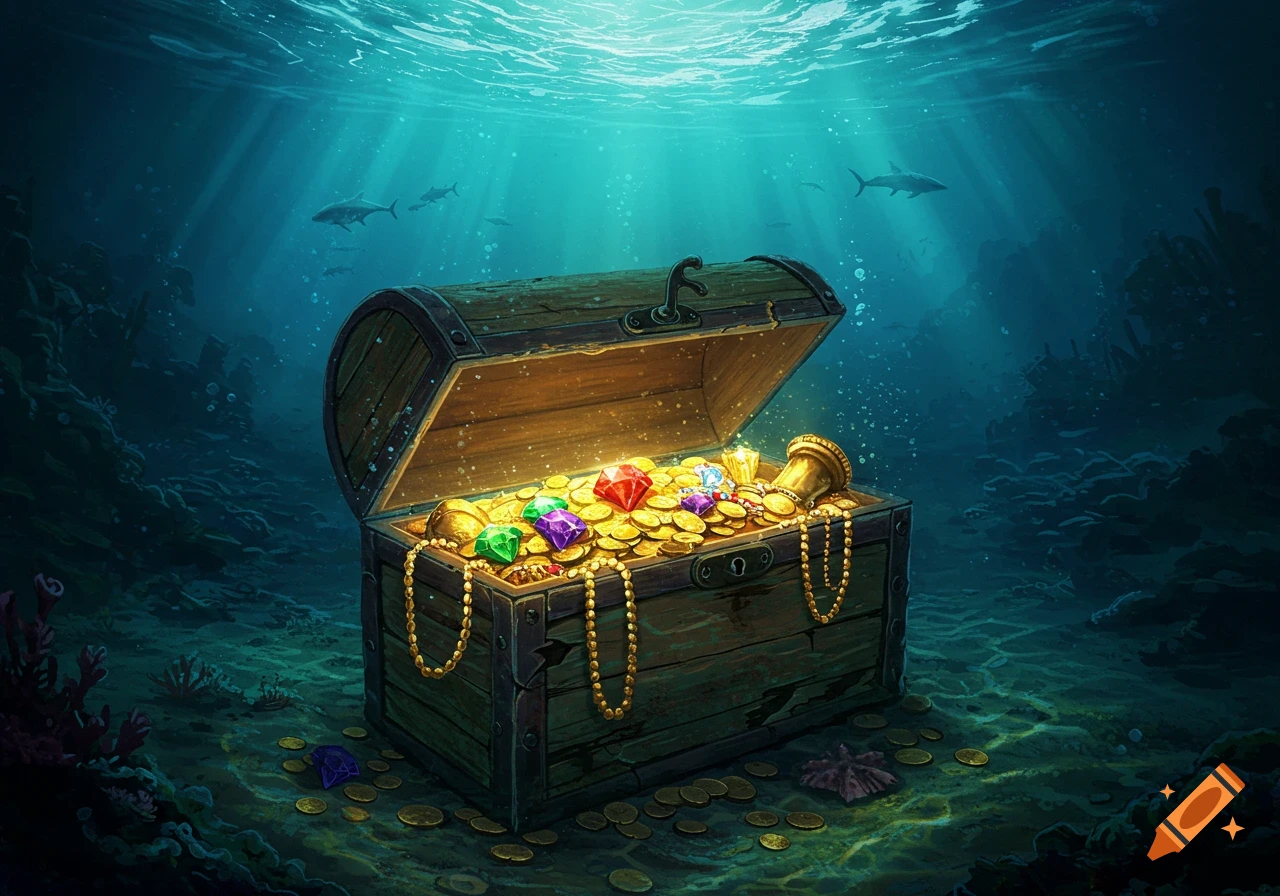An open treasure chest overflowing with gold coins and jewels sits on the ocean floor with sunlight streaming down.