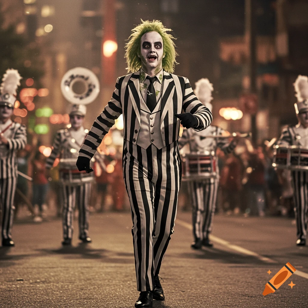 Person in Beetlejuice-like costume walks in front of marching band during a night parade