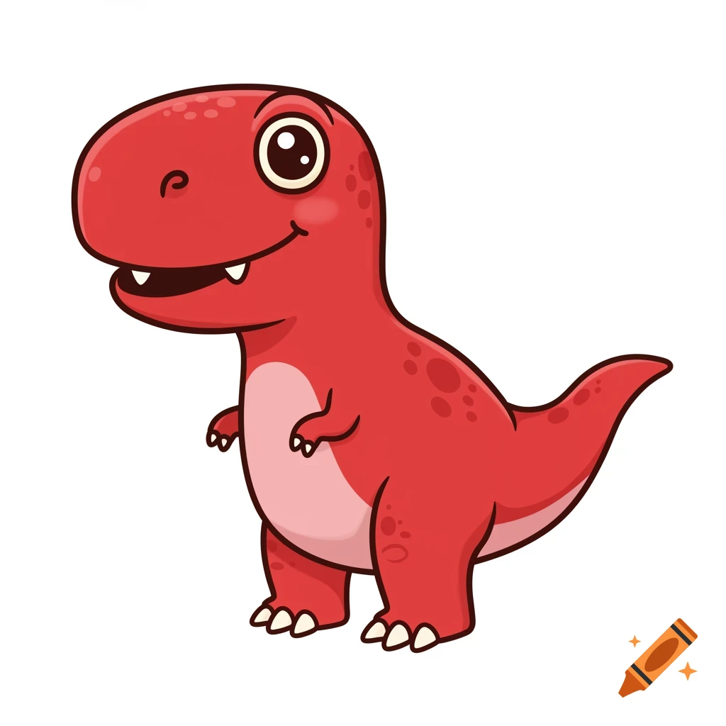 A cute red cartoon dinosaur with a large head and small arms smiles on a white background.
