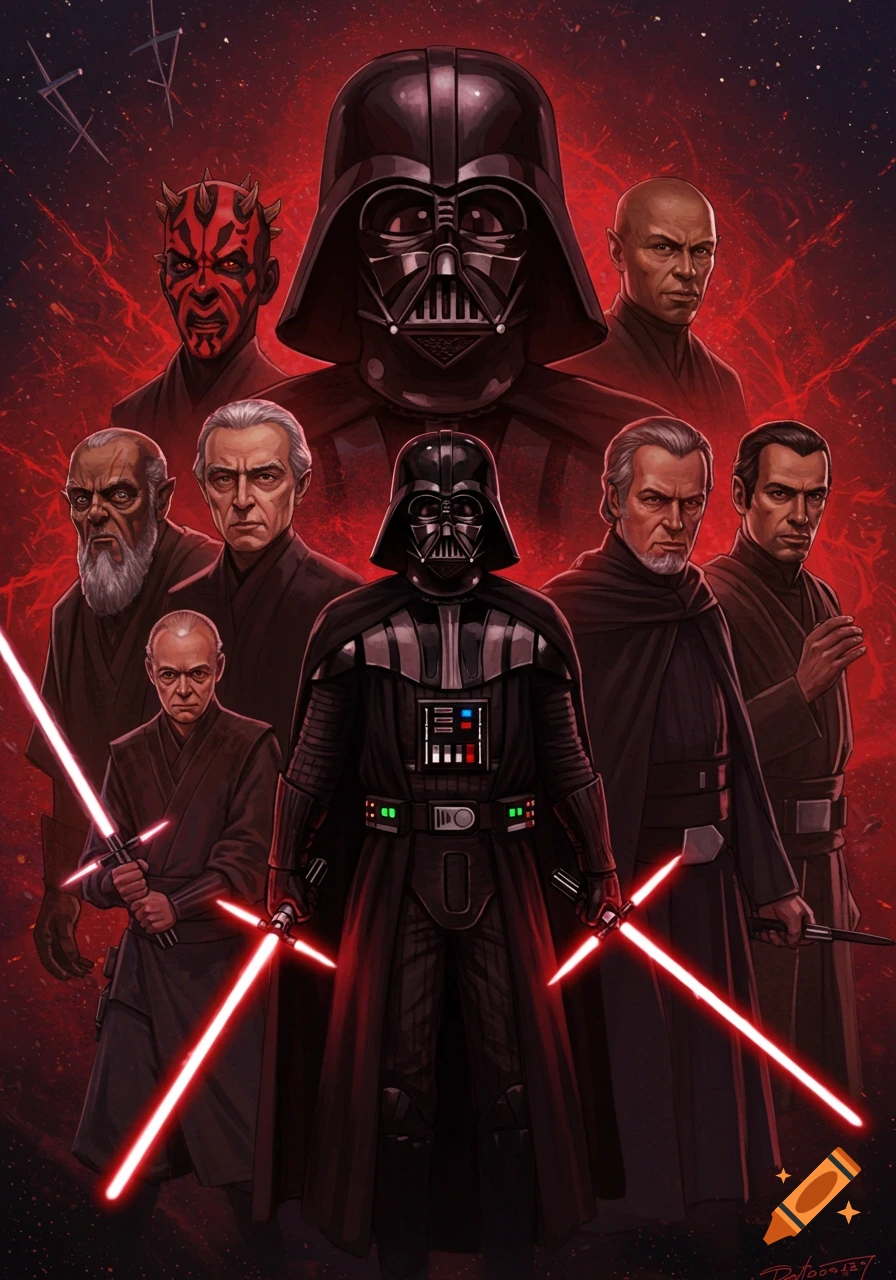 Illustration of Star Wars villains including Darth Vader, Darth Maul, Palpatine, and others, with red lightsabers.