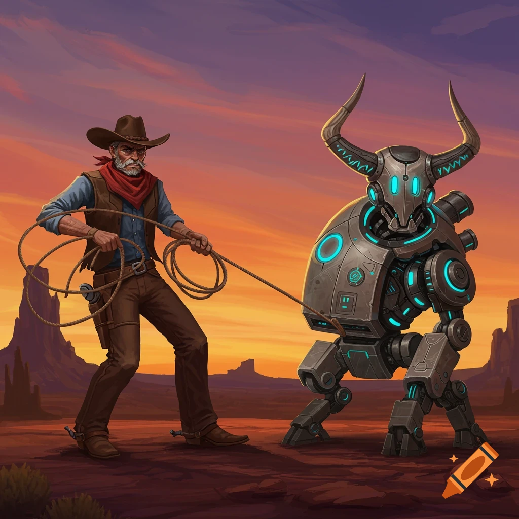 Robot Riding Bull A cowboy ropes a robot bull in a desert landscape at sunset. on Craiyon