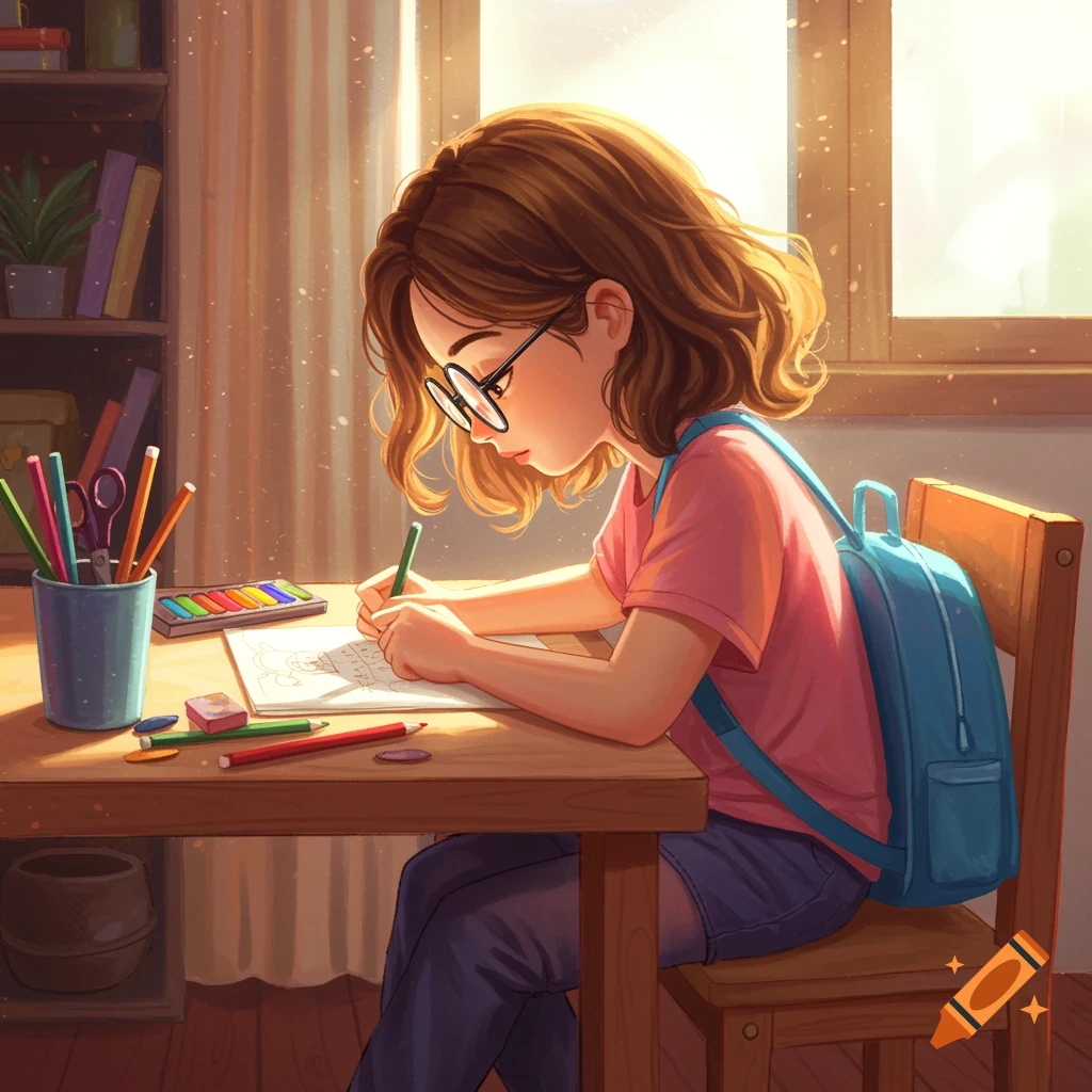 A girl with wavy hair, round glasses, and a blue backpack draws at a sunlit desk.