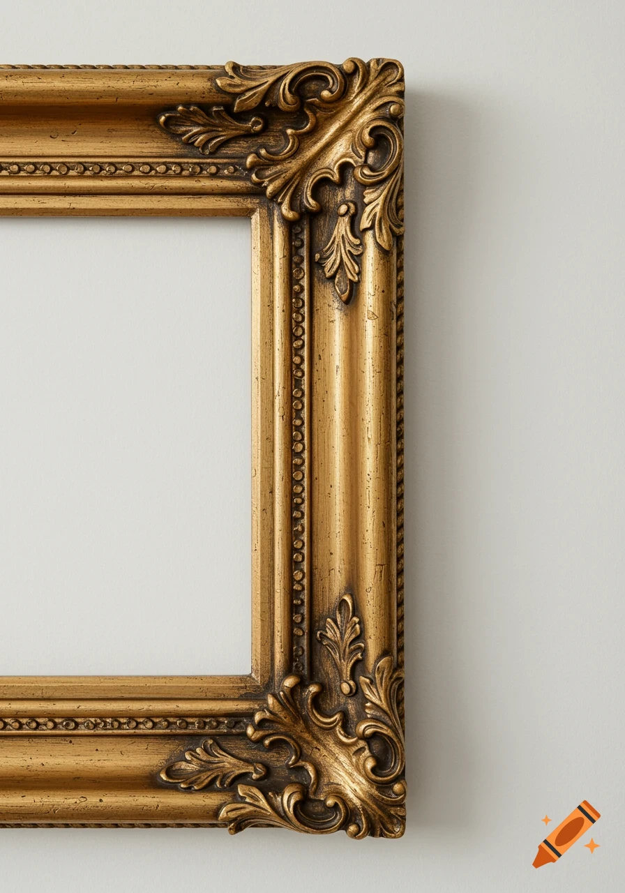 A close-up view of an ornate gold picture frame against a white wall.