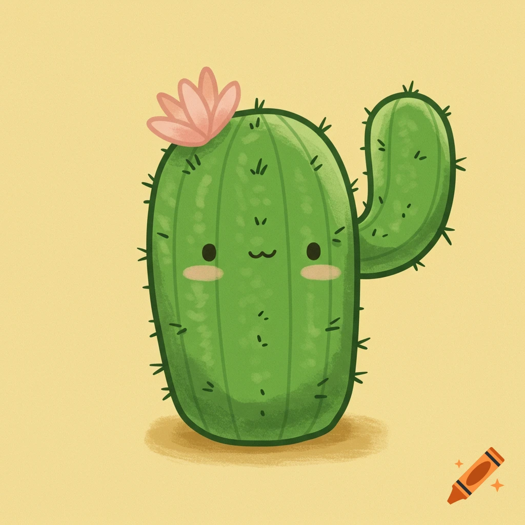 Cute cartoon cactus with a pink flower on a yellow background