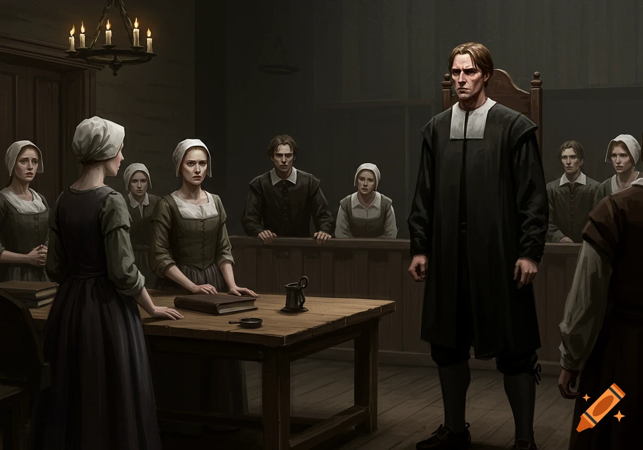 A dramatic court scene with figures in 17th-century attire, including women in bonnets and a man in a dark robe.