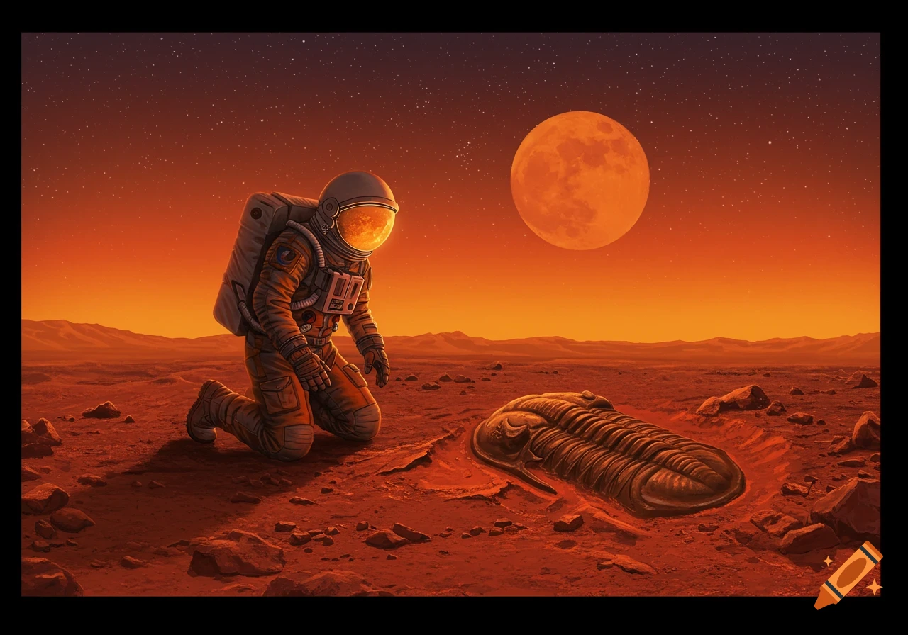 An astronaut kneels on the surface of Mars, examining a large trilobite fossil under a bright moon in the orange sky.