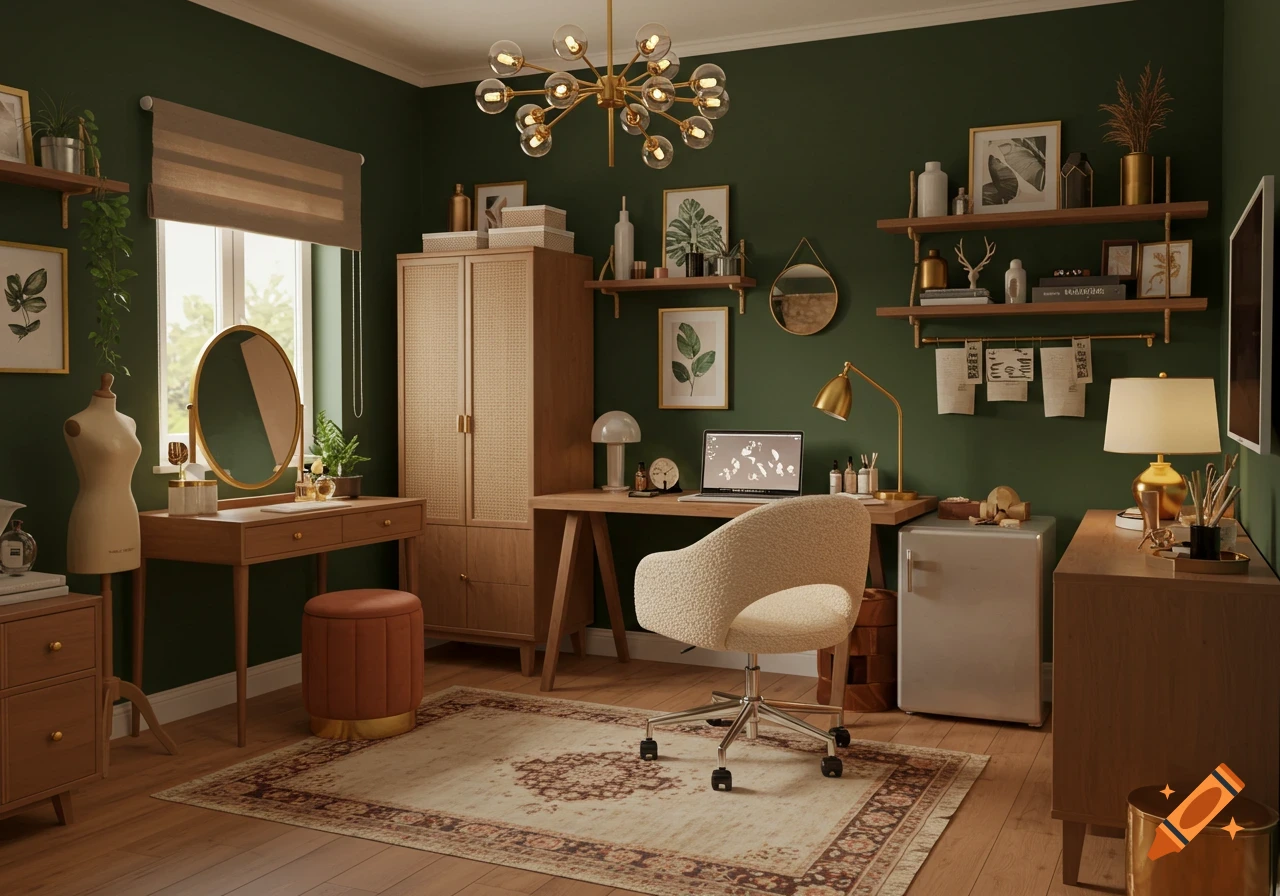 Modern boho glam home office with dark green walls, wood furniture, vanity, desk, shelves, and rug.