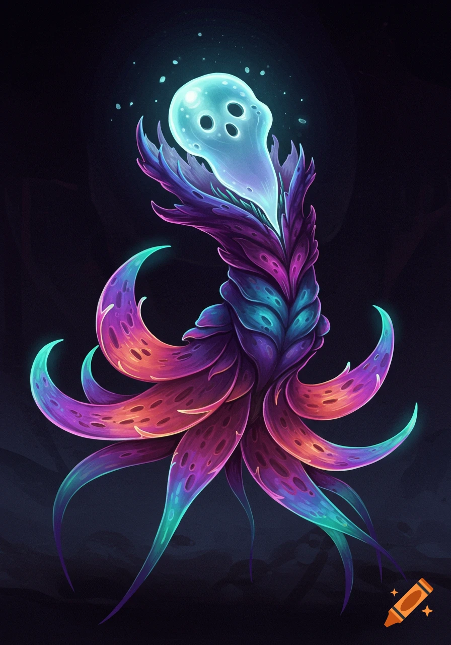 A vibrant fantasy creature with purple and orange tentacle-like legs and a glowing, translucent skull head.