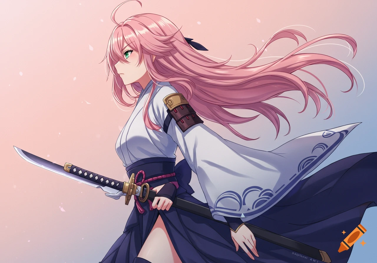 Anime-style female character in samurai attire with pink hair, holding a katana sword.