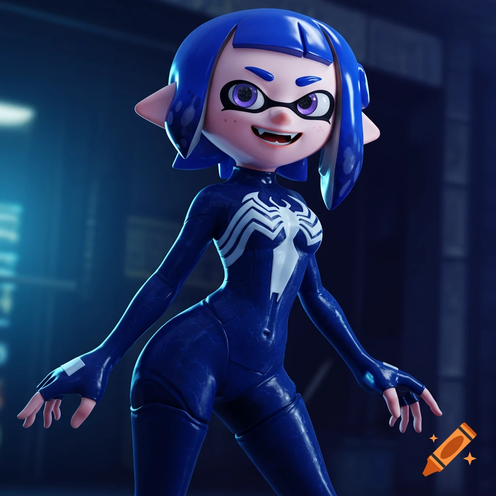 An Inkling girl from Splatoon wearing a tight blue Venom suit with a white spider logo.