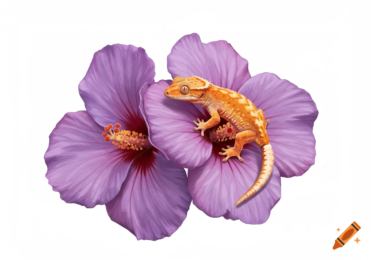 Illustration of an orange crested gecko on two purple hibiscus flowers.