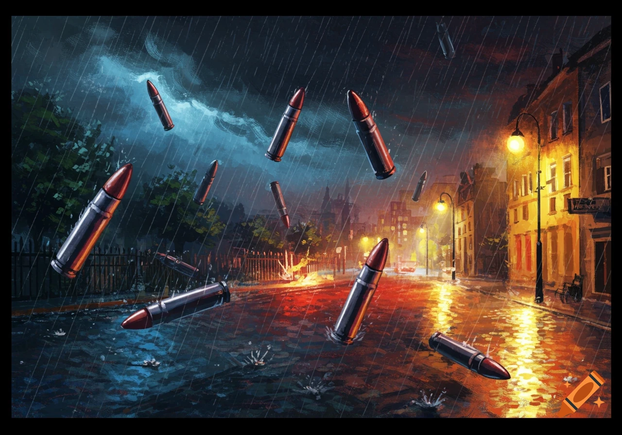 Digital painting of bullets falling like rain onto a wet city street at night.