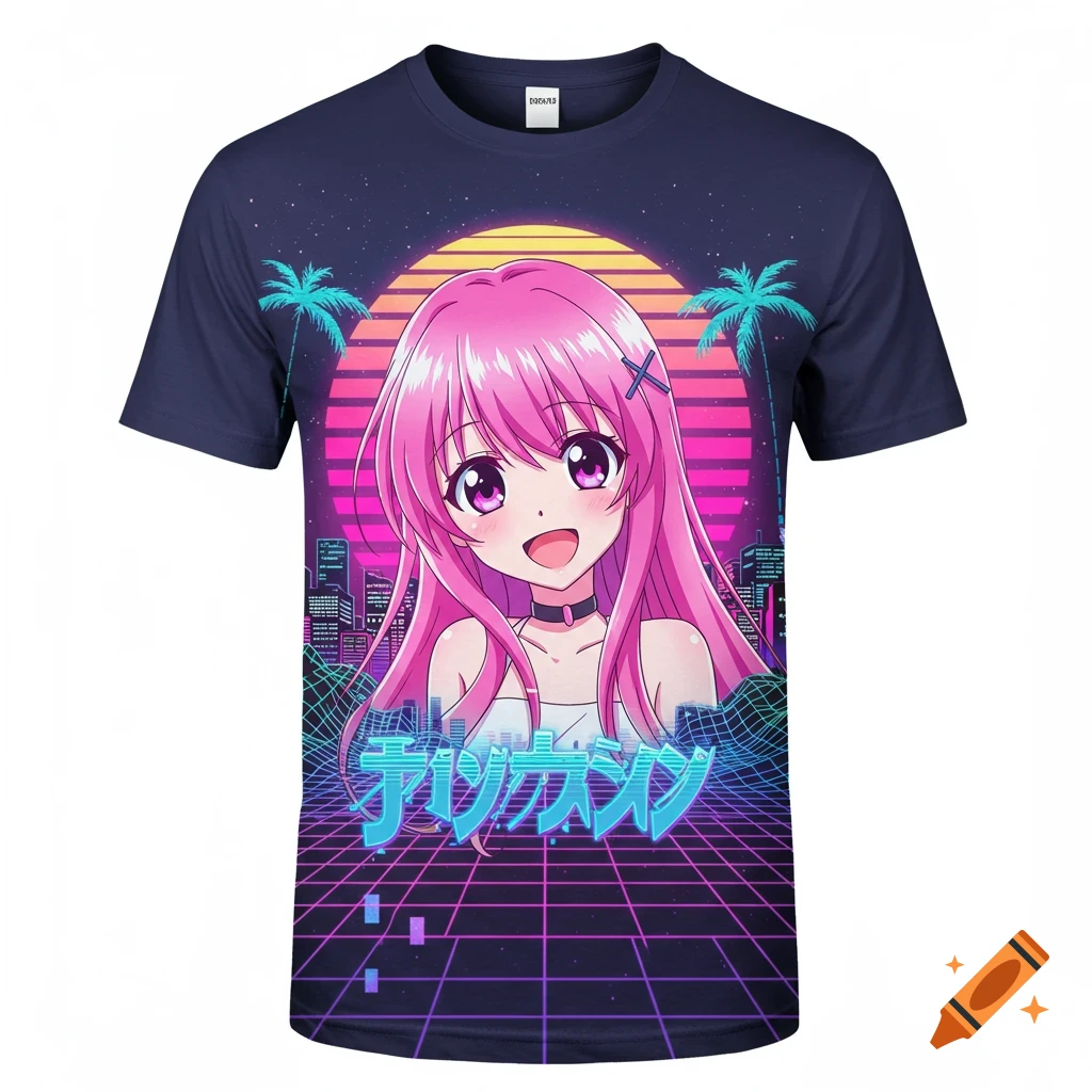 A t-shirt with an anime girl bust in a vaporwave landscape featuring cityscape, grid, sun, and palm trees. Japanese text is below the girl.