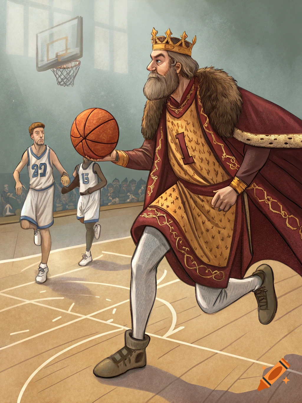 A king in royal robes and crown plays basketball against two players in a gym.