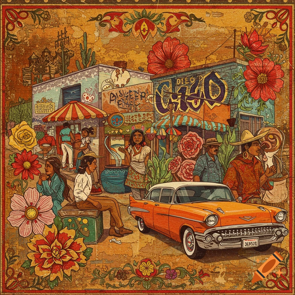 Detailed Chicano painting of a vibrant street scene with people, flowers, buildings, and an orange vintage car.