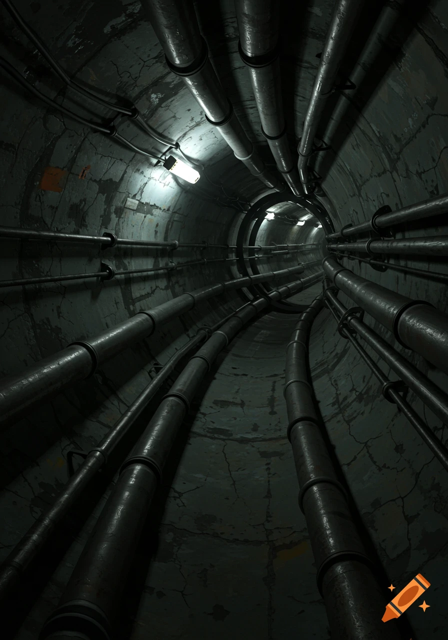 Dark and eerie tunnel filled with metal pipes, dimly lit.