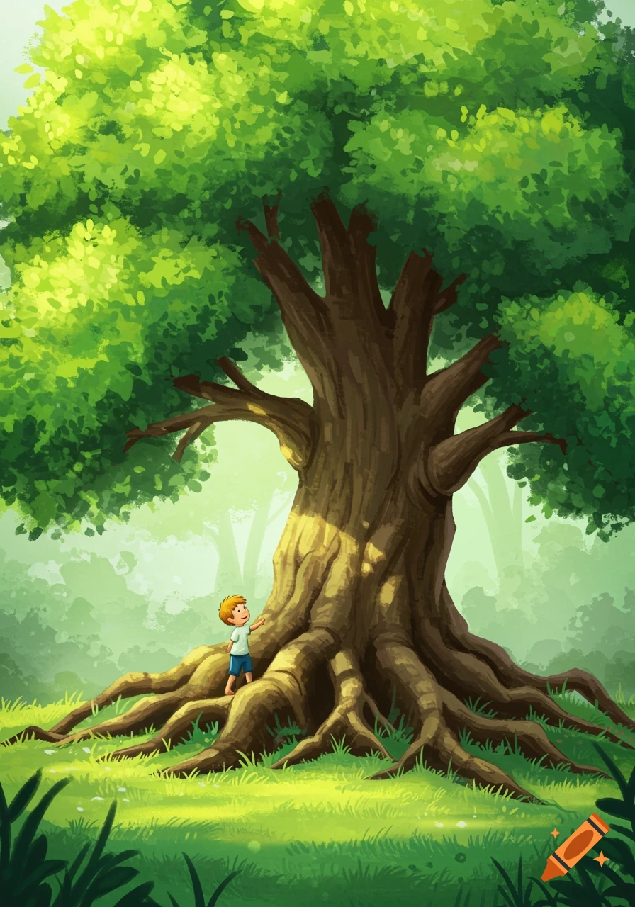 Children's book illustration of a boy next to a large tree in a sunny forest clearing.