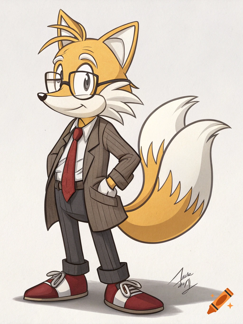 Cartoon fox character in a suit and glasses stands with hands in pockets.