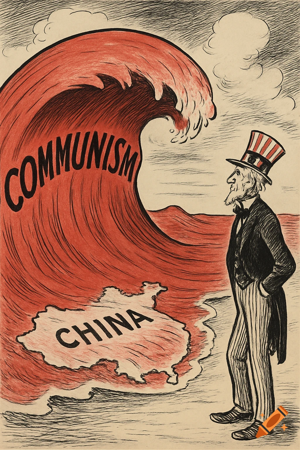 Political cartoon shows a red wave labeled 'COMMUNISM' engulfing a map of 'CHINA' while Uncle Sam watches.