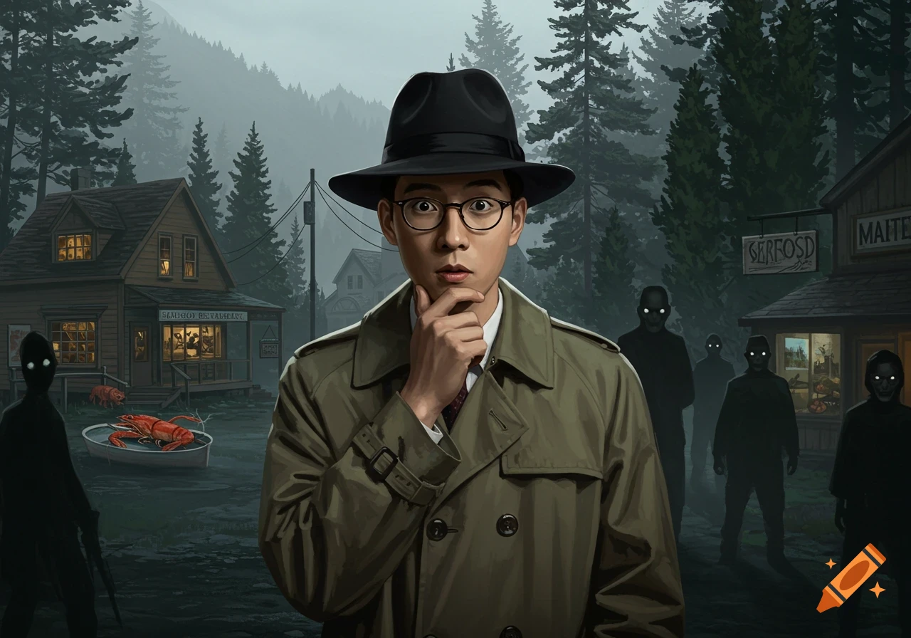 A detective in a trench coat looks baffled in a foggy, small town street with shadowy figures.