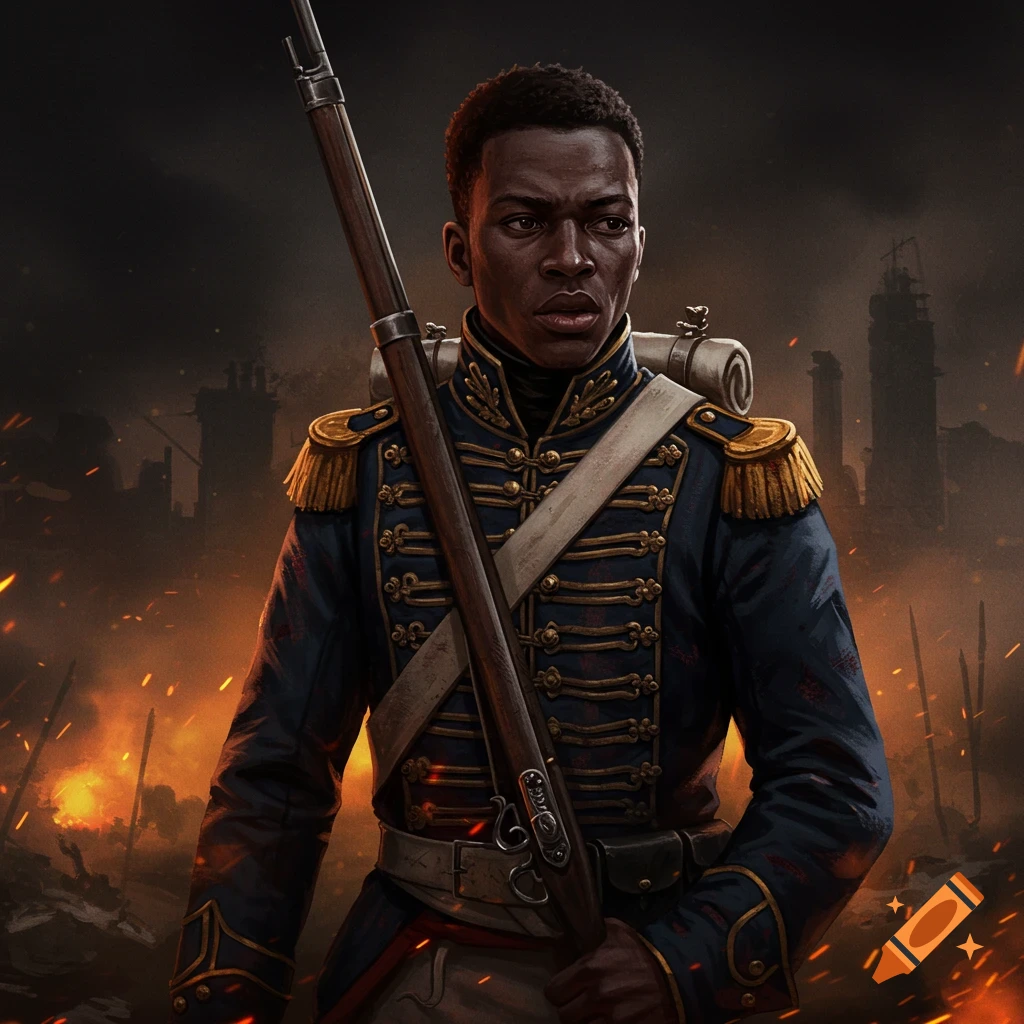 A soldier with dark skin in a blue 1800s military uniform and carrying a rifle stands in a dark, fiery battlefield.