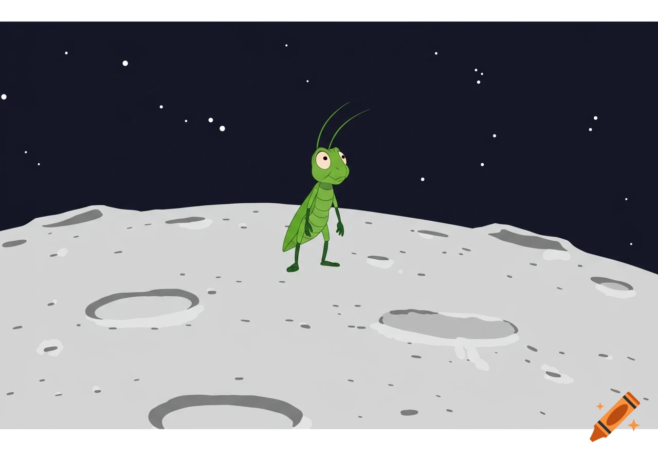 A cartoon grasshopper stands on the moon.